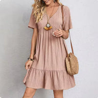 Solid Color V-Neck Midi Dress