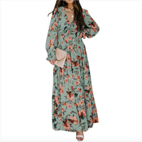 Printed Long Sleeve Dress Women's V-neck Loose