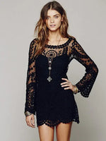 2021 hot sale flower pattern long sleeve loose hook beach dress women&#39;s hollow out sexy lace dress elegant sexy lace beach dress