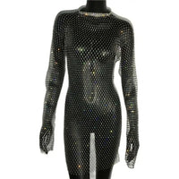 Bling Rhinestones Fishnet Mini Dress