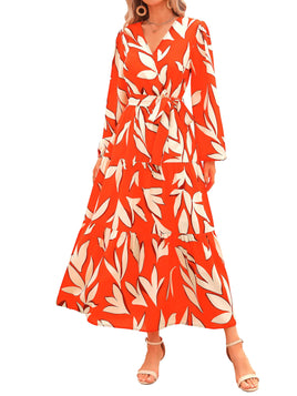 PRETTYGARDEN Womens Fall Long Sleeve Wrap V Neck Ruffle Floral Maxi Dress Casual Tie Waist Boho Chiffon Flowy Long Dresses XX-Large F-orange White