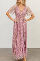 Pink Embossed Wrap V Neck Maxi Dress