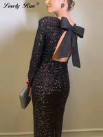 Black Sequins Bow Backless Long Sleeve Dress