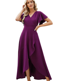 Long Black Formal Dresses for Women Gowns Evening Party Cocktail Dress,Split Elegant V Neck Wrap Ruffle Wedding Guest Dresses Large Purple