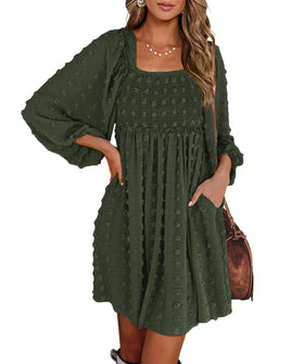 BTFBM Women Square Neck Smocked Dresses 2024 Summer Fall Long Sleeve Floral Swiss Dot Ruffle Party Mini Boho Dress Swiss Dot Army Green Small