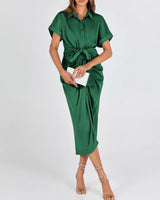 BTFBM 2024 Women Button Down Ruched Shirt Dresses Short Sleeve Lapel V Neck Elegant Party Spring Summer Maxi Satin Dress Large Short Sleeve Deep Green