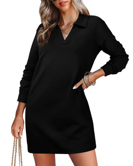 WIHOLL Womens Long Sleeve Lapel Collared V Neck Sweatshirt Dress Loose Fit Solid Color Mini Dresses Fall 2024 Black Large