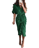 BTFBM 2024 Women Button Down Ruched Shirt Dresses Short Sleeve Lapel V Neck Elegant Party Spring Summer Maxi Satin Dress Large Short Sleeve Deep Green