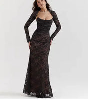 Elegant Vintage Hollow Out Lace Maxi Dress Long Sleeve Cape