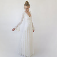 BLUSHFASHION - Original Ivory Wrap Lace Wedding Dress With Long Poet Sleeves #1364