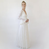 BLUSHFASHION - Original Ivory Wrap Lace Wedding Dress With Long Poet Sleeves #1364