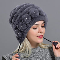 Original Women's Winter Warm Rabbit Hats With Pearls Fashion Female Ball Caps