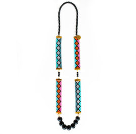 MIAMI NIGHTS - Original Long Woven Beaded Necklace  - Pink and Turquoise