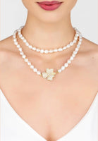 Original Flower Pearl Gemstone Long Necklace White CZ Gold