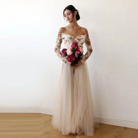 BLUSHFASHION - Original Off-The-Shoulder Floral and Champagne Tulle Dress  #1176