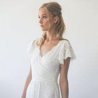 BLUSHFASHION - Original Ivory Wrap Lace Bohemian Wedding Dress #1298