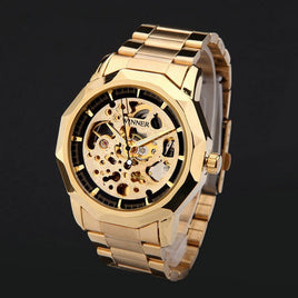 WINNER Brand Watches Men Mechanical Skeleton Wrist Watches Fashion Casual Automatic Wind Watch Gold Steel Band Relogio Masculino