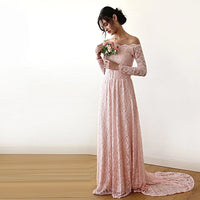 BLUSHFASHION - Original Pink Off-The-Shoulder Lace Dress With Train  #1148