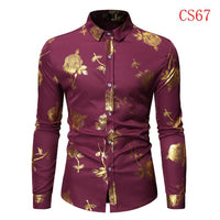 Mens Gold Rose Floral Print Shirts Brand Floral Steampunk Chemise White Long Sleeve Wedding Party Bronzing Camisa Masculina