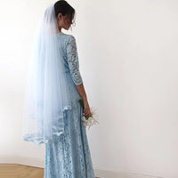 BLUSHFASHION - Original Light Blue Lace Three Quarters Sleeve  Dress #1124