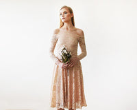 BLUSHFASHION - Original Short Wedding Dress ,Pink Off-The-Shoulder Floral Lace Long Sleeve Midi Dress #1149