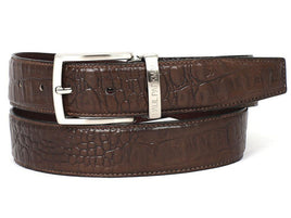 PAUL PARKMAN Men's Crocodile Embossed Calfskin Leather Belt Hand-Painted Brown (ID#B02-BRW)