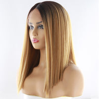 Yaki Straight Lace Front Synthetic Hair Wigs High Temperature Fiber X-Tress Ombre Green Color Short Blunt Lace Wig Middle Part