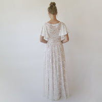 BLUSHFASHION - Original Lace Ivory Flutter Sleeve Dress , With a Separate Blush Underlining Dress  #1368