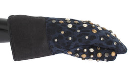 Dolce & Gabbana Gray Wool Shearling Studded Blue Leopard Gloves - Size 9-M