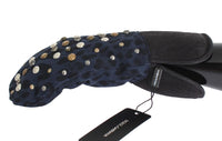 Dolce & Gabbana Gray Wool Shearling Studded Blue Leopard Gloves - Size 9-M