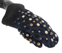 Dolce & Gabbana Gray Wool Shearling Studded Blue Leopard Gloves - Size 9-M