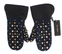 Dolce & Gabbana Gray Wool Shearling Studded Blue Leopard Gloves - Size 9-M