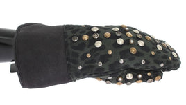 Dolce & Gabbana Gray Wool Shearling Studded Green Leopard Gloves - Size 9-M