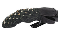 Dolce & Gabbana Gray Wool Shearling Studded Green Leopard Gloves - Size 9-M