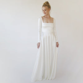 BLUSHFASHION - Original Bestseller Ivory Square Neckline Minimalist Satin Wedding Dress #1351