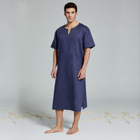 Mens Natural Linen Cotton Ultra Long Floor Length Robes Bathrobes Lounge Wear Casual Kaftan Thobe v Neck Long Gown Caftan Tunic