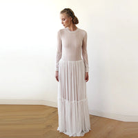 BLUSHFASHION - Original Modest Lace Wedding Dress, Gentle Stripes Pattern Maxi Dress 1209