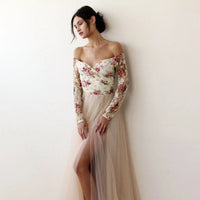 BLUSHFASHION - Original Off-The-Shoulder Floral and Champagne Tulle Dress  #1176