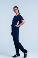 Q2 - Original Navy Blue Jumpsuit With Short Sleeve and Ruffle Detail