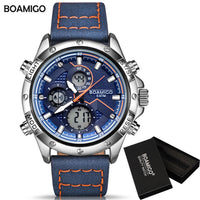 BOAMIGO Fashion Mens Watches for Men Military Digital Analog Quartz Chronograph Sport Watch Waterproof Leather LED  Reloj Hombre