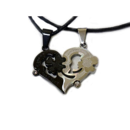 Pair of necklaces with heart and clover - Black and Silver