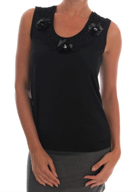 Dolce & Gabbana Black Cotton Floral Crystal Tank Top - Size IT40-S