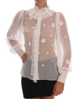 Dolce & Gabbana White Daisy Applique Silk Shirt - Size IT36-XS