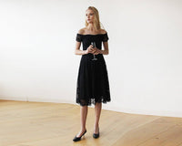 BLUSHFASHION - Original Off-The-Shoulder Short Sleeves Black Lace Midi Dress 1158