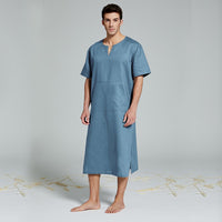 Men's Real Linen Cotton Nightgowns Extra Large Bathrobe Short-Sleeved Robe Caftan Vacation Holiday Beach Robe