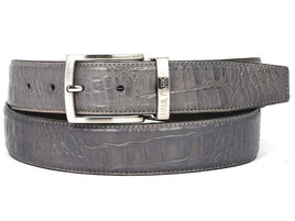 PAUL PARKMAN Men's Crocodile Embossed Calfskin Leather Belt Hand-Painted Gray (ID#B02-GRY)