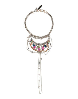 Original Bib Necklace With Pink Agate Stones and Brass, Crystals and Crystal Chains, Glass Beads, and Charms.