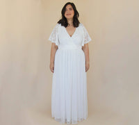 BLUSHFASHION - Original Curvy  Ivory Butterfly Sleeves, Lace Bohemian Wedding Dress With Mesh Chiffon #1321