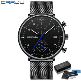 Mens Watch CRRJU Luxury Top Brand Men Stainless Steel WristWatch Men's Military Waterproof Date Quartz Watches Relogio Masculino