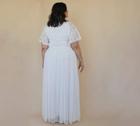 BLUSHFASHION - Original Curvy  Ivory Butterfly Sleeves, Lace Bohemian Wedding Dress With Mesh Chiffon #1321